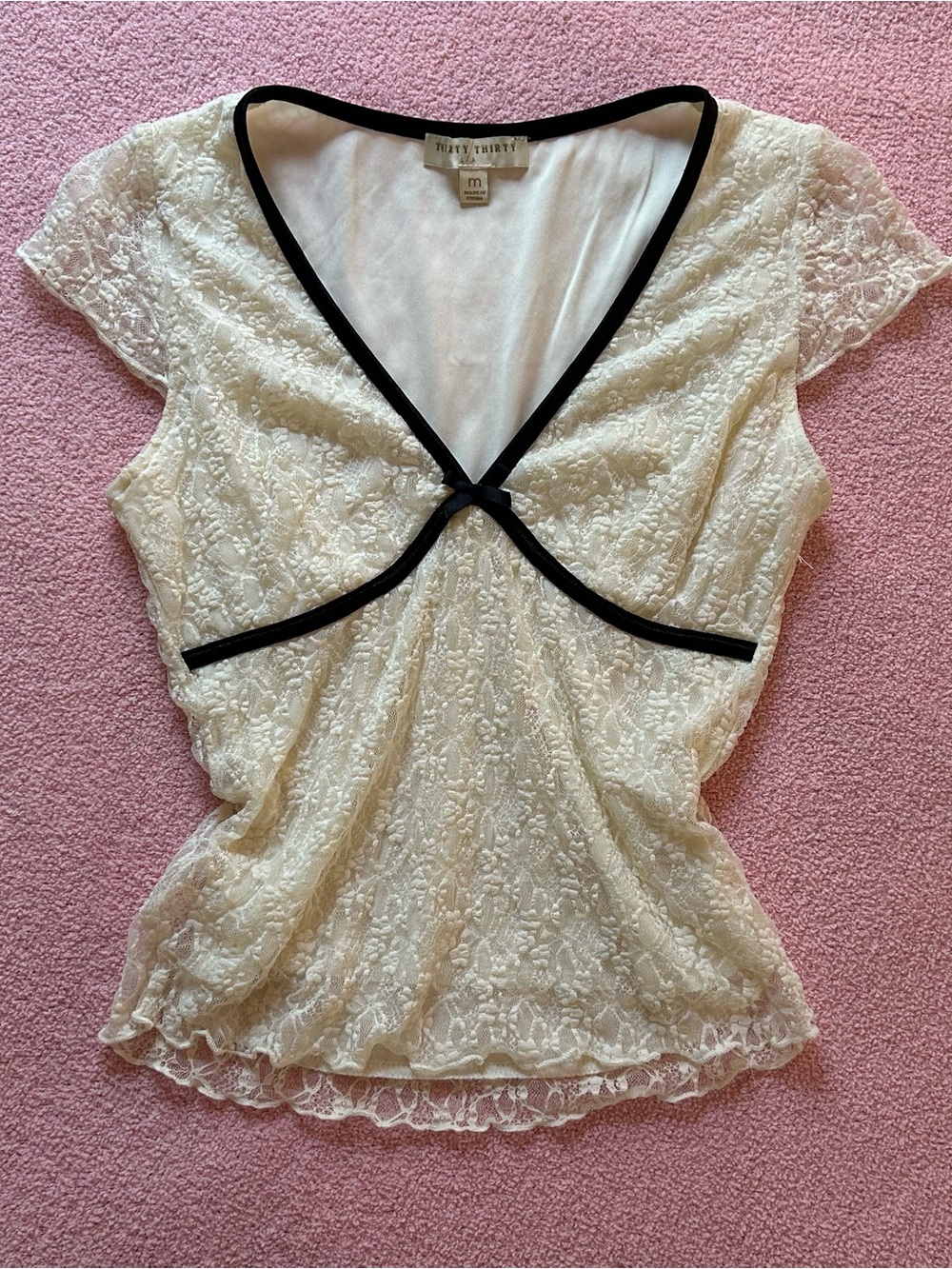 Cream Lace V-Neck Top with Black Trim